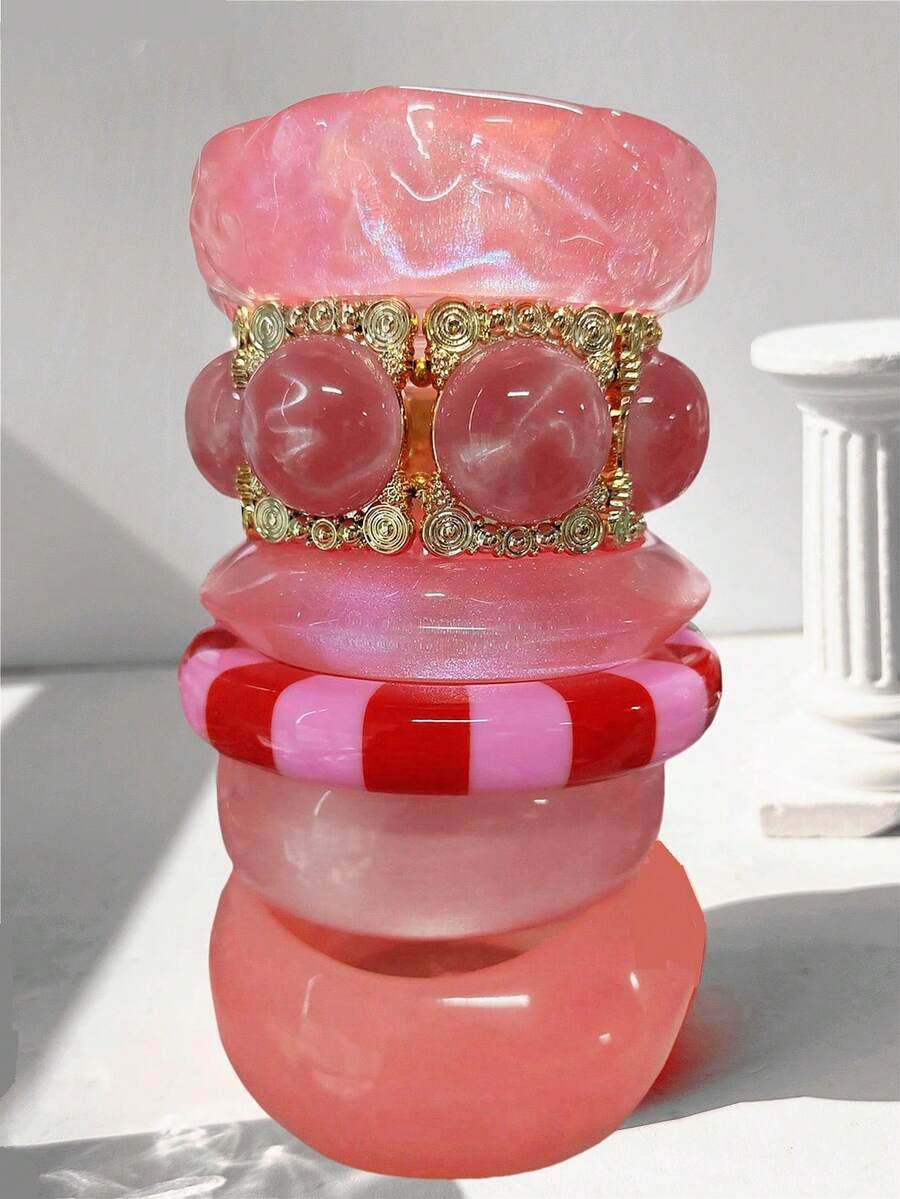 1 件优雅新款透明粉色树脂手链，条纹拼布不对称手链，迷人的女士叠戴珠宝 - 彩色 - 查看 1