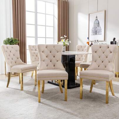 2/4/6 Chaises de Salle à Manger en Velours, Rembourrage à Garniture de Tête de Clou, Chaises de Cuisine avec Pieds en Acier Inoxydable Doré, Pour Salle à Manger et Salon, Noir/Or