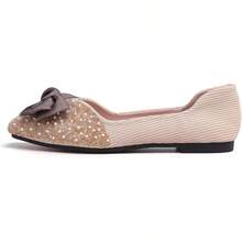 SAILING LU Square Toe Flats Shoes Rhinestoned Bowknots Ballet Flats For Women Studded Dress Shoes Comfort Light Weight LoafersChristmas - C-米色 - 查看 4