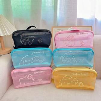 1pc卡通卡哇伊Kuromi、KT猫、Melody、Pompompurin刺绣网眼PVC化妆包、马卡龙透明大容量便携必需品收纳手提包、化妆包