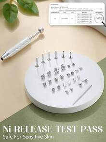 32Pcs 16G 18G Flat Back Stud Earrings For Women - Hypoallergenic Surgical Steel Internal Thread Stud Piercing Jewelry For Tragus Helix Cartilage Conch Nose Gold Silver Lip Labret Medusa Piercing - 銀色調 - 查看 6