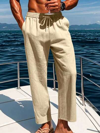 Men's Linen Pants, Summer Drawstring Beach Breathable Long Trousers, Elastic Waist Casual Cargo Pants For Men, Suitable For Vacation, Commute, Relaxed Street Style, Fall