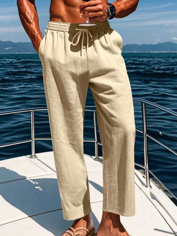 Men's Linen Pants, Summer Drawstring Beach Breathable Long Trousers, Elastic Waist Casual Cargo Pants For Men, Suitable For Vacation, Commute, Relaxed Street Style, Fall