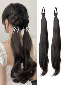 Synthetic Hair Extensions For Girls: High-Level Wavy Ponytail Set Natural-Looking (Includes Elastic Bands) Low-Pony Style Sweet And Energetic Wavy Double Ponytail Hairpiece - Multicolor - View 13
