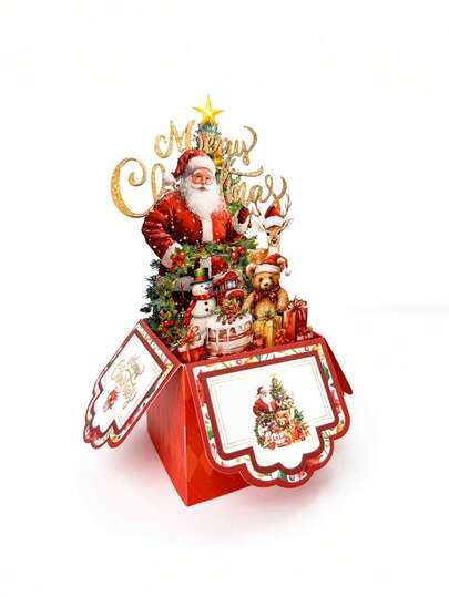 1张复古3D圣诞贺卡，圣诞老人、驯鹿和圣诞树图案 - 红色纸质节日贺卡，节日派对邀请函，无需电池，圣诞贺卡