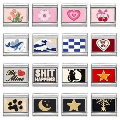 1pc DIY Modular Photo Printing Bracelet, Featuring Classic Animal, Heart, Flower, Cherry, Letter, Star & Moon Prints, Urban Casual Style, Essential For Christmas & Halloween, Autumn Tones, Local , Practical & Fashionable, Christmas Vibe, Charming Design, Stainless Steel Jewelry, Christmas Decor, Autumn Office Style