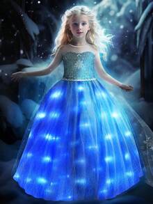 Light Up Princess Dress Girls Halloween Costume Costume Toddler Dressing Up Bithday Party, Purple - 藍色-帶斗篷 - 查看 1
