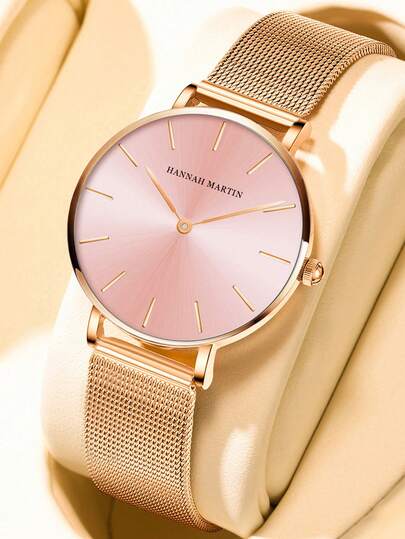 HANNAH MARTIN 1pc Elegant Women's Quartz Watch, 3ATM Waterproof, Rose Gold Stainless Steel Mesh Strap, Japanese Quartz Movement, 36mm Round Case, Timeless Fashion Ladies Watch, Comes With Black Gift Box, Suitable For Gifting - Girlfriend & Mom