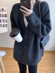 Chaqueta de punto de las mujeres chaqueta de tweed mujer otoño e invierno suelto perezoso viento delgado cardigan jumper versátil suéter de punto tops - Gris - Ver 2