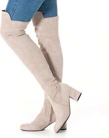 Women Over Knee Boots Thigh High Suede Black Block Low 2 Inch Heel Chunky Above Knee Winter Pointed Toe, Fashionable Cold-Weather Boots - 奶油\2 1/2 英吋鞋跟 - 查看 6