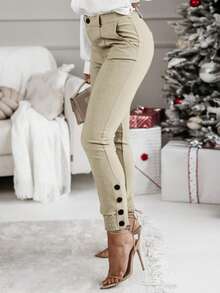 Jessefine Solid Color Zipper Hem Elastic Fabric Apricot Hem Pants, Elegant Commuter Style Daily Office Wear, Multi-Purpose Spring/Summer Trousers - Apricot - View 2