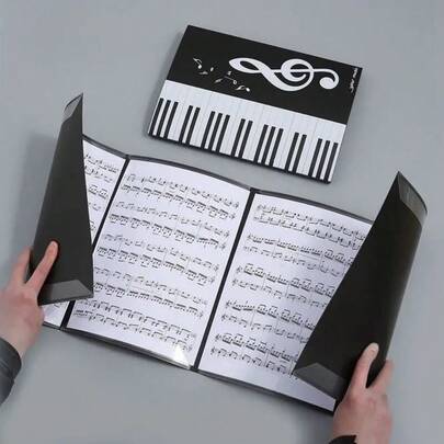 6-Page A4 Music Score Holder - 3 Fold PP Plastic, Black, With Piano Keyboard & Music Note Design - Ideal For Band Performance, Teachers & Music Class, Student Music Gift, Piano Score Clip, Piano Accessory, Reduce Page Turning, Durable Waterproof, Multipurpose, Suitable For Musicians Practice, Performance, Band Supplies, Musical Instrument Accessories, Outdoor Activities, Office Supplies, Piano Gift, Birthday Gift, Gift For Her, Gift For Him