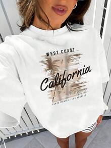 Camiseta gráfica informal para mujer con estampado de palmeras de la  oeste de California, elegante camiseta de verano para un ambiente de vacaciones, perfecta para uso diario y salidas a la playa, cómoda mezcla de algodón, camiseta de moda. - Blanco - Ver 1
