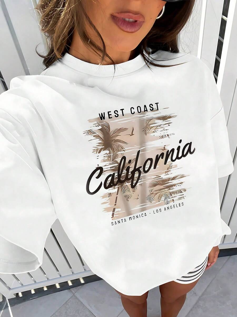 Camiseta gráfica informal para mujer con estampado de palmeras de la oeste de California, elegante camiseta de verano para un ambiente de vacaciones, perfecta para uso diario y salidas a la playa, cómoda mezcla de algodón, camiseta de moda. - Blanco - Ver 1