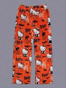 Sanrio Autumn/Winter Flannel Pajamas, Hello Kitty Orange Casual Loose Cute Halloween Christmas Party Hello Kitty Sleepwear, Elegant Matching Couple Loungewear