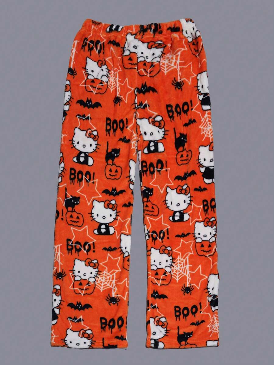 Sanrio Autumn/Winter Flannel Pajamas, Hello Kitty Orange Casual Loose Cute Halloween Christmas Party Hello Kitty Sleepwear, Elegant Matching Couple Loungewear