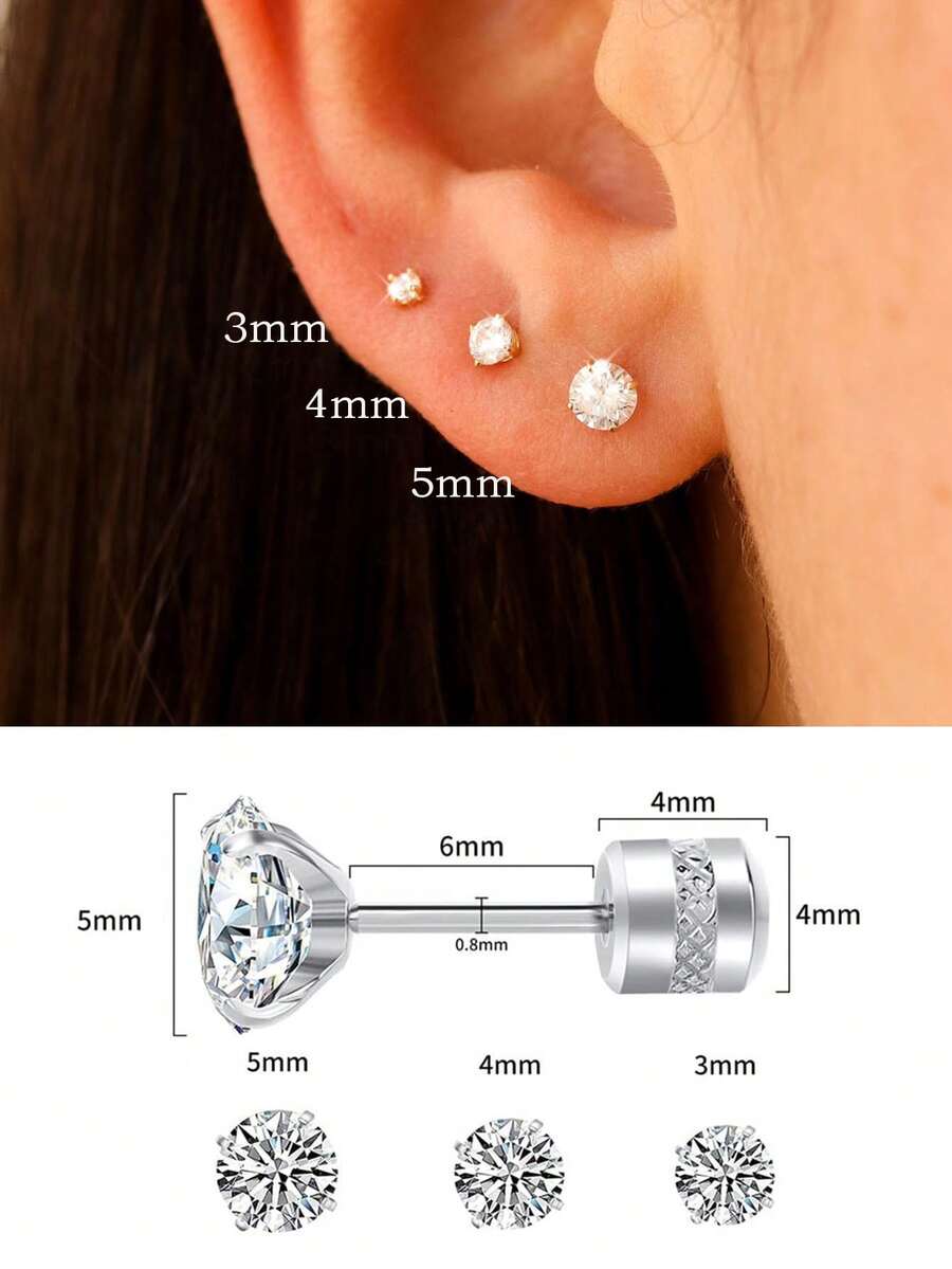 Bộ 3 đôi khuyên tai đinh tán phẳng bằng thép không gỉ, có thể xếp chồng lên nhau, ít gây dị ứng, unisex, đính đá Cubic Zirconia, màu bạc, nhẹ, phù hợp cho xỏ khuyên sụn tai, vành tai, nắp tai, dành cho cả nam và nữ.