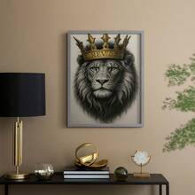 1pc Restickable Framed Lion Of Judah Art Print, Wood Frame, Biblical Inspired Regal Animal Wall Decor With Gold Crown & Scripture Accent, Spiritual Artwork For Living Room, Office, Or Prayer Room, Made In USA, Ready To Hang Art Prints - Grey - View 3