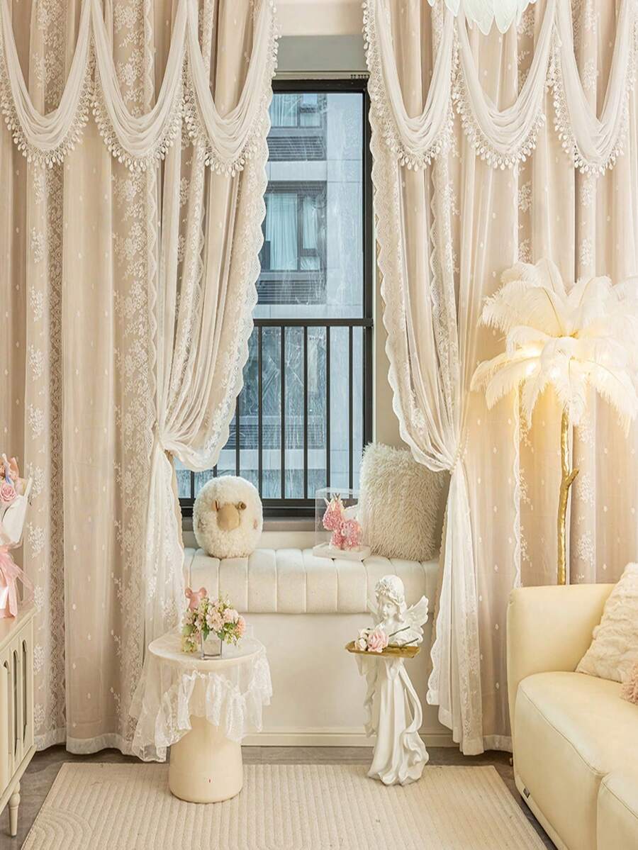1pc European Style Double Layer Curtain, Top Layer With Embroidered Lace Decor And Attached Wave Valance, Bottom Layer Blackout Polyester Fabric, Solid Color, Suitable For Living Room And Bedroom Decor