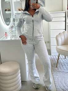 2 piezas Conjunto de sudadera con capucha para mujer con cremallera de color contrastante y cintura ceñida - Gris - Ver 11