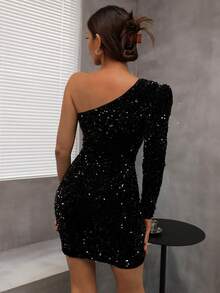 Joyfunear Đầm dự tiệc nữ màu trơn đính sequin, lệch vai, tay dài, ôm dáng, thanh lịch. - màu đen - Xem 3