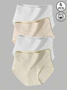 HANQIYA 4pcs Women's Underwear, Skin-Friendly, Comfortable, Elegant, Minimalist Solid Color & Striped Design, Extended Crotch - Multicolor - View 4