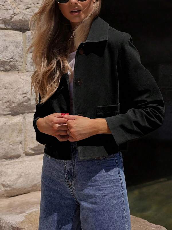 New Autumn And Winter Collar Solid Color Pocket Zipper Front Buckle Daily Women's Jacket Jacket, Halloween Costume, Christmas Costume, Suitable For Vacation, Travel, Office, Party, Date, Daily Wear, Etc