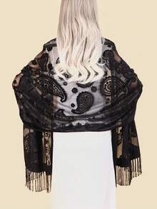 1pc Women's Classic Retro Paisley Pattern Tassel Velvet Shawl, Fashionable & Elegant Holiday Dress, Party, Wedding Shawl, Multifunctional Outerwear, Decorative Long Scarf