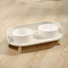 Tazón de mascota de cerámica en forma de media luna, protege el cuello, tazón doble para comida y agua de perro, antiderrame