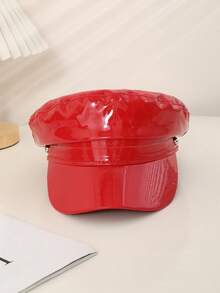 1 件女式黑色和红色闪亮皮革防水铆钉朋克风格平顶报童帽，适合派对、表演、购物和拍照