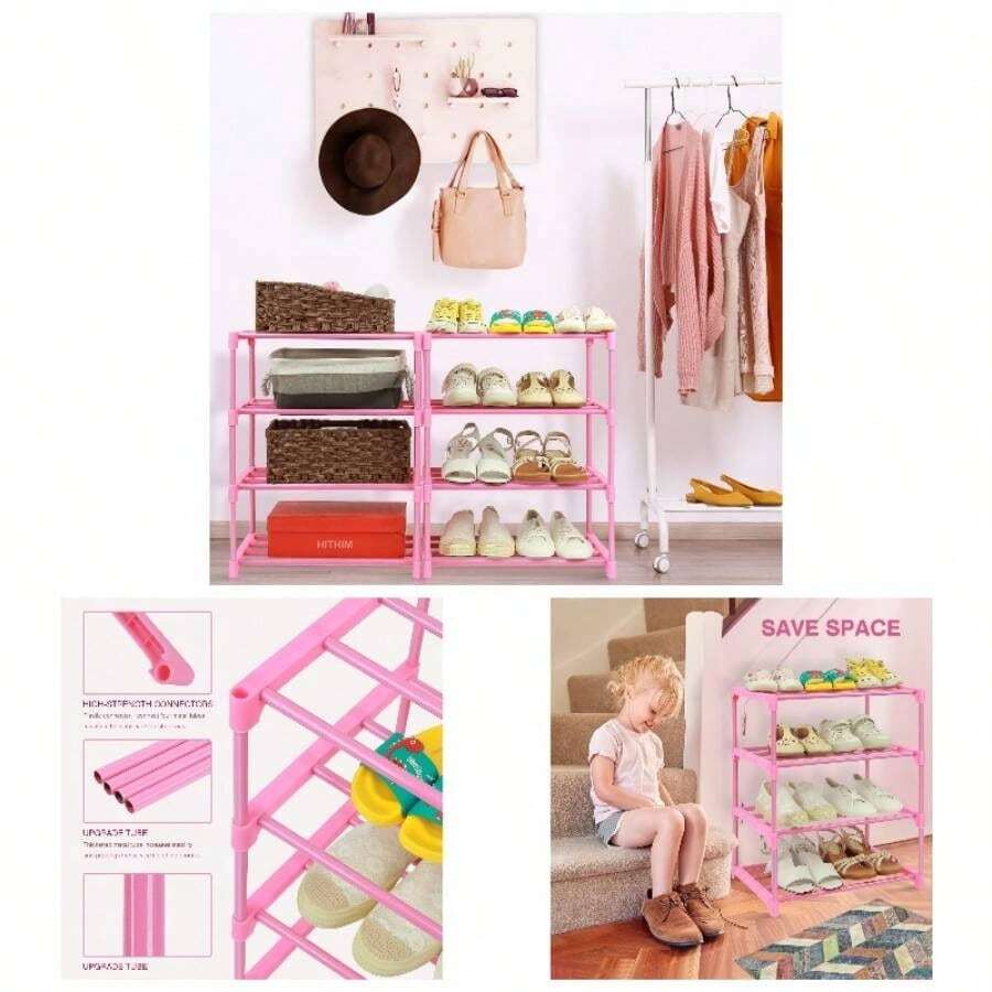 3 - Tier Pink Shoe Racks WomenGirls Closet, Small Shoe Storage 5 - Pairs, Lightweight Stackable Shoe Shelf Organizer Entryway, Front Door Entrance, Bedroom