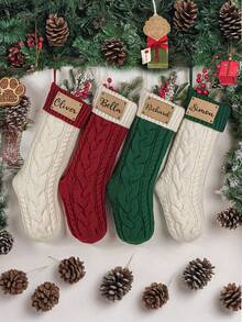 1pc Personalized Family Christmas Stockings, 2025 Family Stockings With Customized Names, Leather Patch Knitted Socks, Custom Holiday Socks, Christmas Gifts - Multicolor - View 4