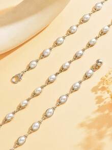 1 件复古简约高端金属人造珍珠串珠链腰带，时尚设计，镶嵌人造珍珠腰饰，适合女性日常、度假、派对穿着（手工串珠可能有轻微瑕疵）