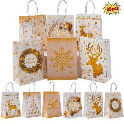 25pcs Christmas White & Gold Party Kraft Paper Gift Bags With Reindeer & Snowflake Wreath Design, Shopping Bags, Kraft Paper Bags, Christmas Decor, Retail Store Packaging Bags With Handles, Suitable For Birthday, Anniversary, Garden Party, Gift Bag Set, Theme Bags For Party And Events, Sturdy Kraft Paper Material