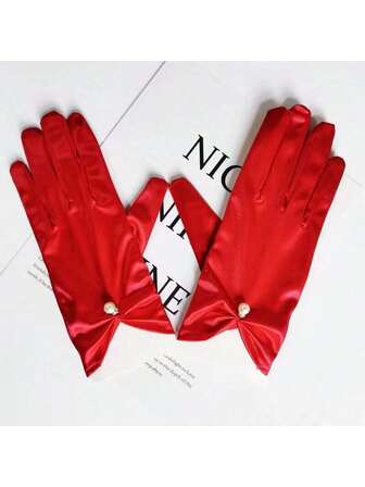 1 Pair Women's Elegant Sheer Beaded Gloves, Suitable For Weddings And Wedding Banquets