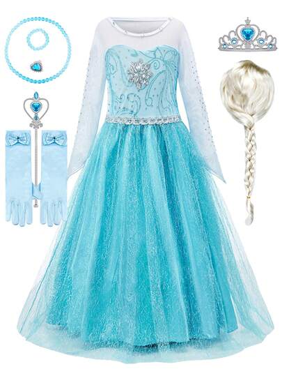 9 件套蓝色花卉网眼长袖女童连衣裙假发配饰服装套装，儿童角色扮演服装，适合万圣节、圣诞节、派对、舞台表演