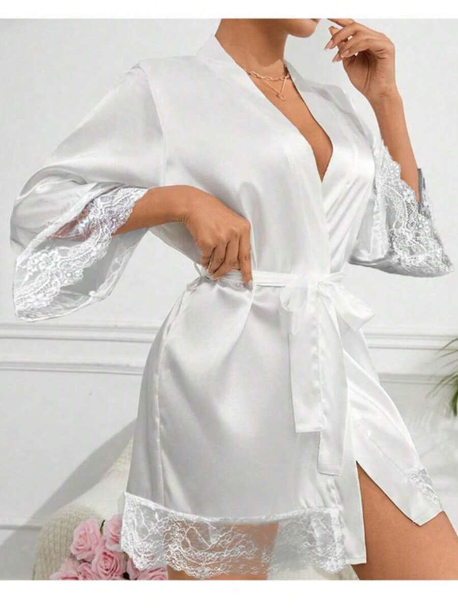 女士纯色短袖浴袍，适合春夏季、家居服、酒店服、派对服、泳装、家居使用、除草季节短礼服首字母长袍、晨袍和睡袍、新娘派对准备服、婚礼仪式和招待会配饰睡衣女士春夏婚礼睡衣连衣裙闺蜜派对刺绣浴袍婚礼派对婚礼用品户外婚礼节日派对用品 - 白色 - 查看 1