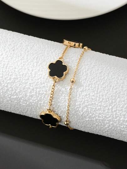 1 件简约时尚幸运四叶草吊坠男士手链，日常佩戴生日礼物（第一层珠子数量随机，不含礼盒）