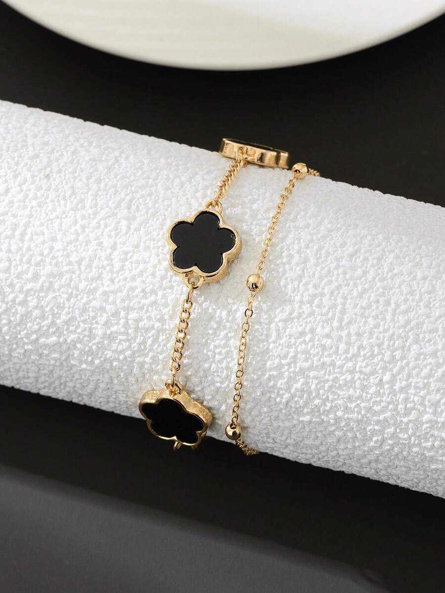 1 件简约时尚幸运四叶草吊坠男士手链，日常佩戴生日礼物（第一层珠子数量随机，不含礼盒） - 黑色 - 查看 1