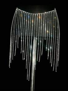 Luxurious Multilayered Sparkling Rhinestone Chain Tassel Body Chain Top For Women, Ideal For Nightclubs - Silver - View 8
