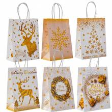 25pcs White & Gold Christmas Gift Bags, Party Handled Paper Bags With Reindeer & Snowflake Wreath Design, Suitable For Birthday, Anniversary, Garden Celebration, Christmas Gifts, Gift Sets, Christmas Themed Parties, Sturdy Paper Bag Material, Suitable For Christmas, Wedding Gifts, Online Gift Packaging