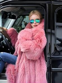 Luxury Women's Long Faux Fur Coat, Oversized Fit, Waterfall Collar, Flowing Winter Outerwear Pink - Hồng - Xem 8