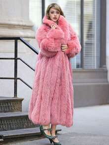 Luxury Women's Long Faux Fur Coat, Oversized Fit, Waterfall Collar, Flowing Winter Outerwear Pink - Hồng - Xem 4