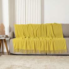 Sofa Blanket Size S Type Cover 100% Cotton With Knot At The Ends - Yellow - View 3