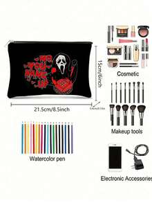 2 piezas, Bolsa de maquillaje con estampado de llamadas de la muerte rosa de Halloween y bolsa de cosméticos con cremallera y bolsa de artículos de tocador - Estilo gótico oscuro de la academia, bolsa de medicina reutilizable con tema de terror, bolsa de almacenamiento de bolígrafos, bolsa de viaje y maquillaje - Para la escuela, la decoración del hogar de verano, la bolsa de aperitivos de 9 "x 6" artículos de viaje, vacaciones, organizador de maquillaje, bolsa de viaje para mujeres