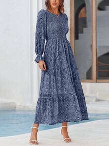 Women Leopard Long Sleeve Maxi Dress Flounces High Waist Smocked Tiered Dress Fall Spring Wedding Guest Vacation Holiday Boho Valentine Dresses Outfits - 深藍色 - 查看 3