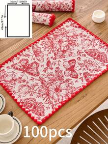 1/4/6pcs Vintage American Country Style Red Butterfly & Floral Jacquard Rectangular Placemats, Perfect For Daily Use, Holidays, Christmas, Parties, Family Gatherings, Weddings, Dinners, Home Decor, All Seasons - Red - View 12
