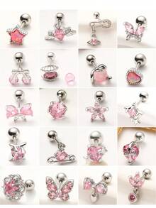 1pc Pink Series Bow & Flower Zirconia Encrusted Super Shiny 316 Titanium Steel Ear Cartilage Piercing Jewelry, Suitable For Gifts/Holidays - Multicolor - View 1