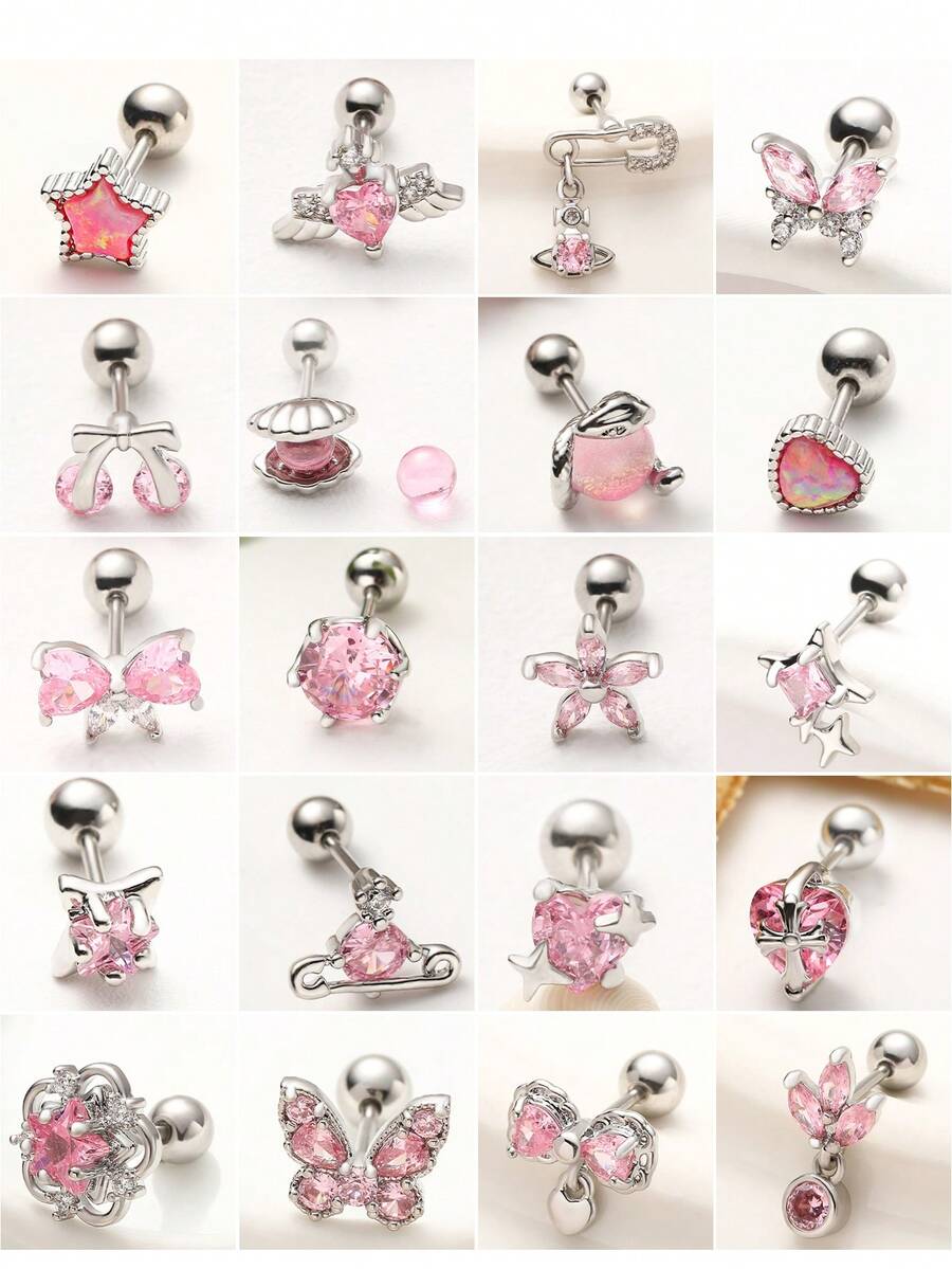 1pc Pink Series Bow & Flower Zirconia Encrusted Super Shiny 316 Titanium Steel Ear Cartilage Piercing Jewelry, Suitable For Gifts/Holidays - Multicolor - View 1