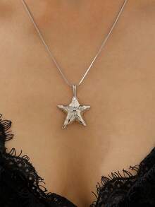 1 件时尚百搭新款心形和星星吊坠毛衣链项链，适合男女，日常佩戴、聚会、节日、礼物 - 銀色 - 查看 4